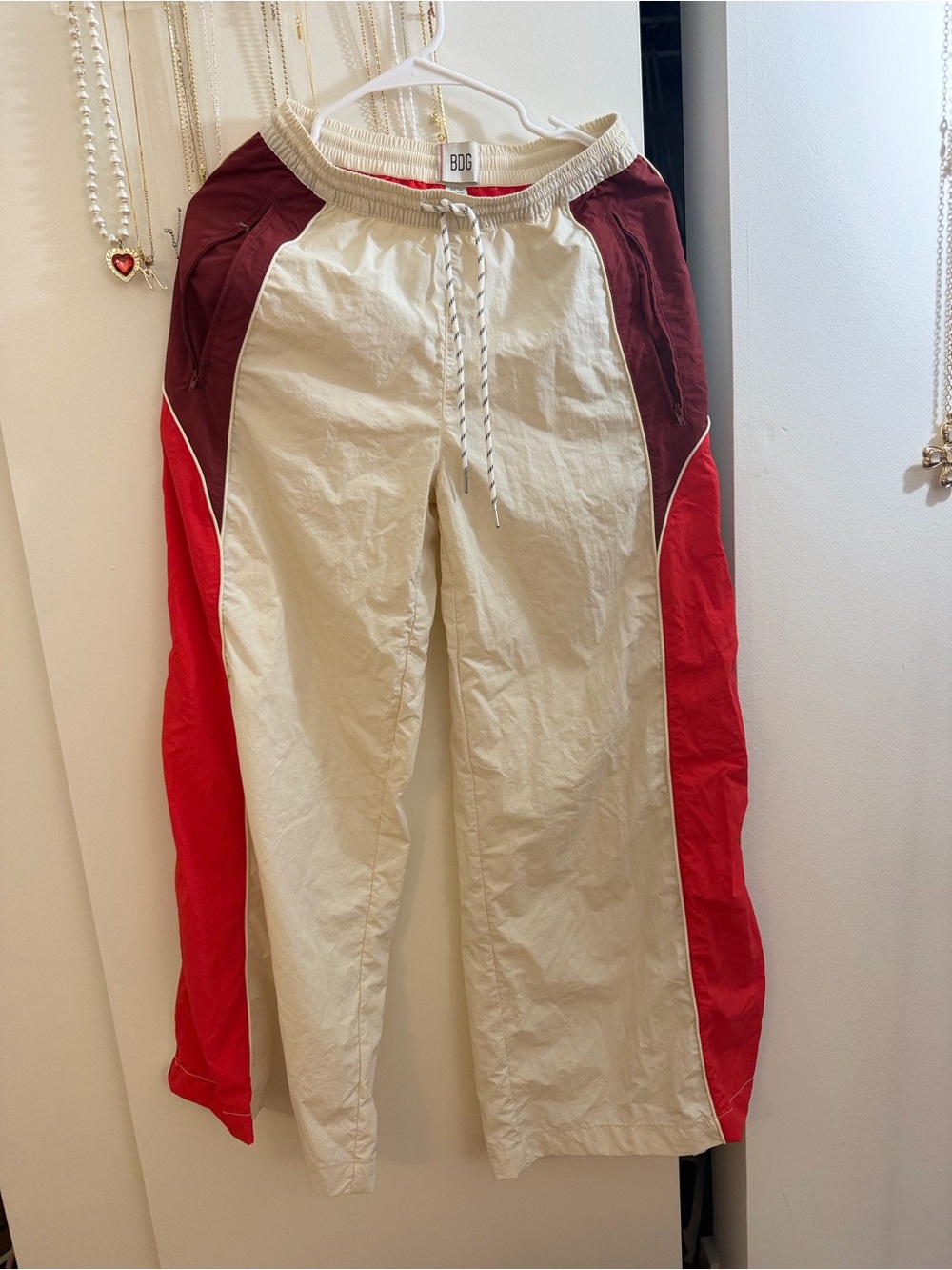 BDG Cream Track Pants with Red & Burgundy Side Panels BrandNew
